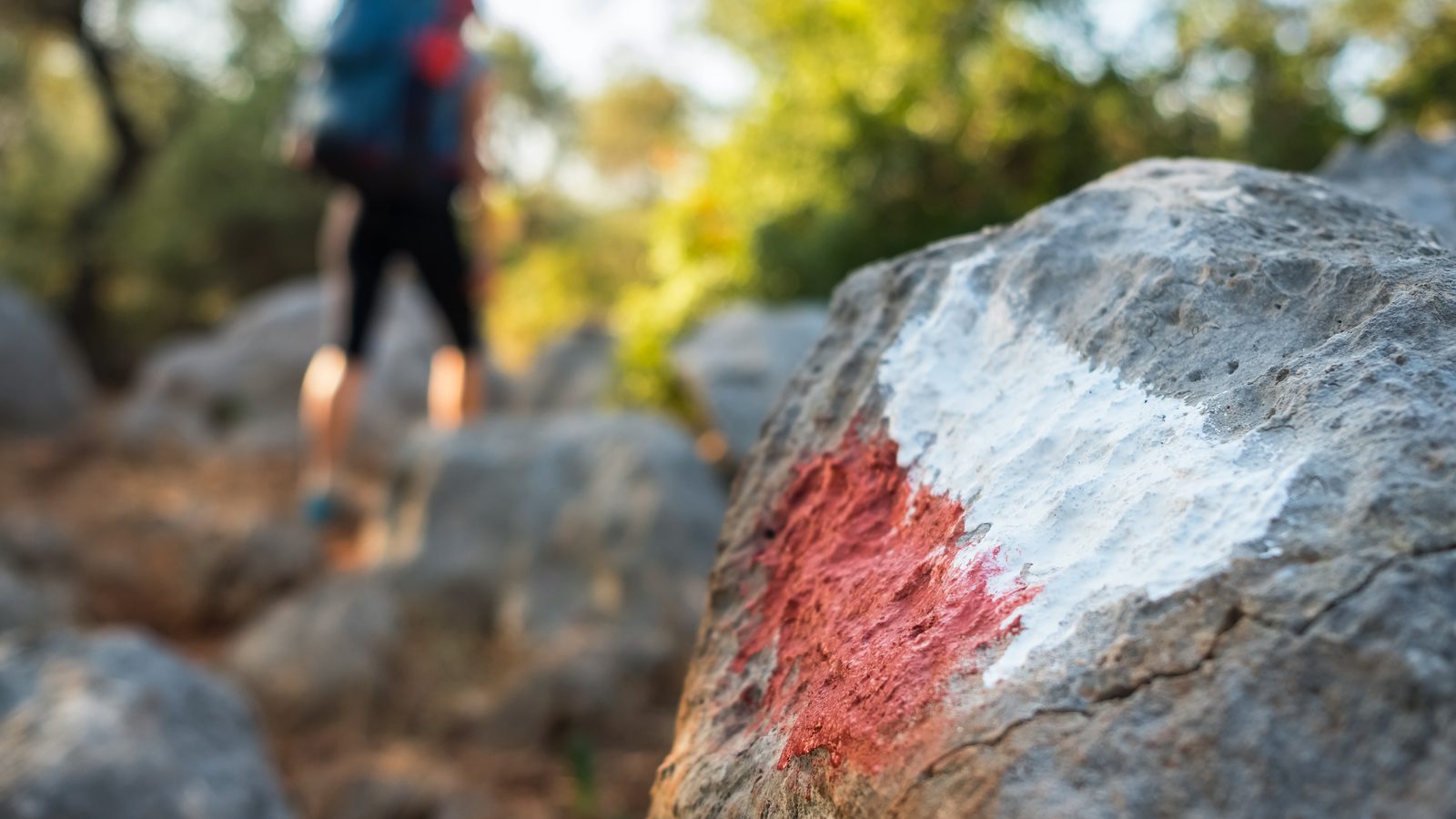 A red-and-white Lycian Way waymark painted on a boulder, with a hiker on the rocky path beyond
